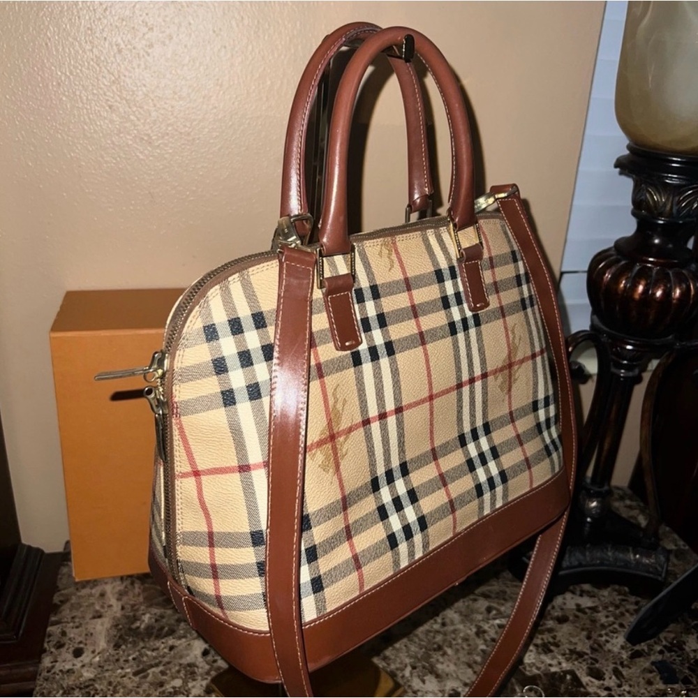 Classic Plaid Satchel Handbag in Beige and Brown - Picture 7 of 13